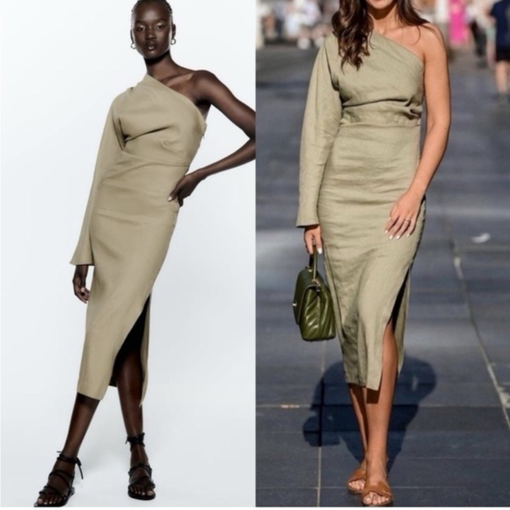 LINEN ONE SHOULDER ZARA SAGE GREEN DRESS